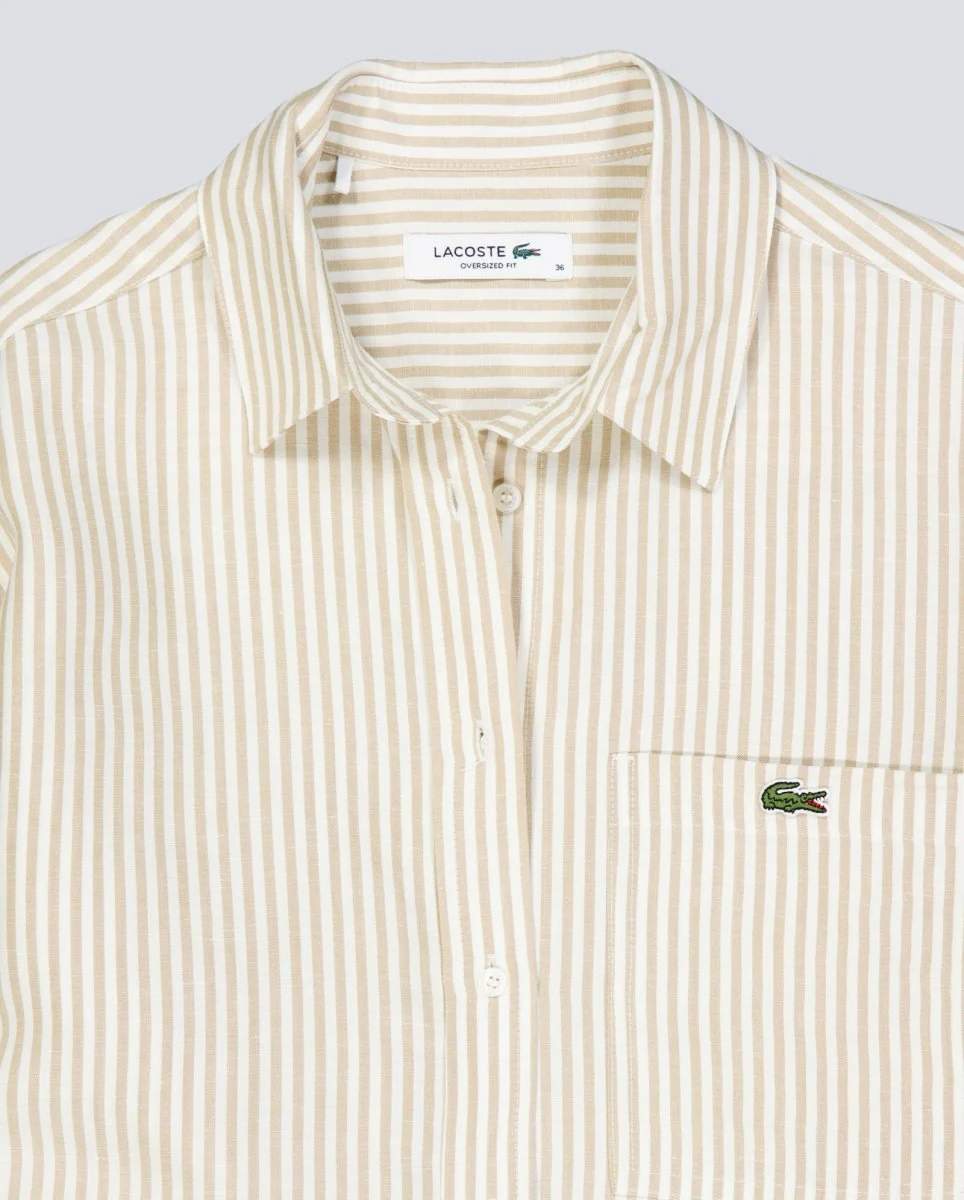 Camisa Lacoste Manga Larga Beige Blanco Mujer - Image 4