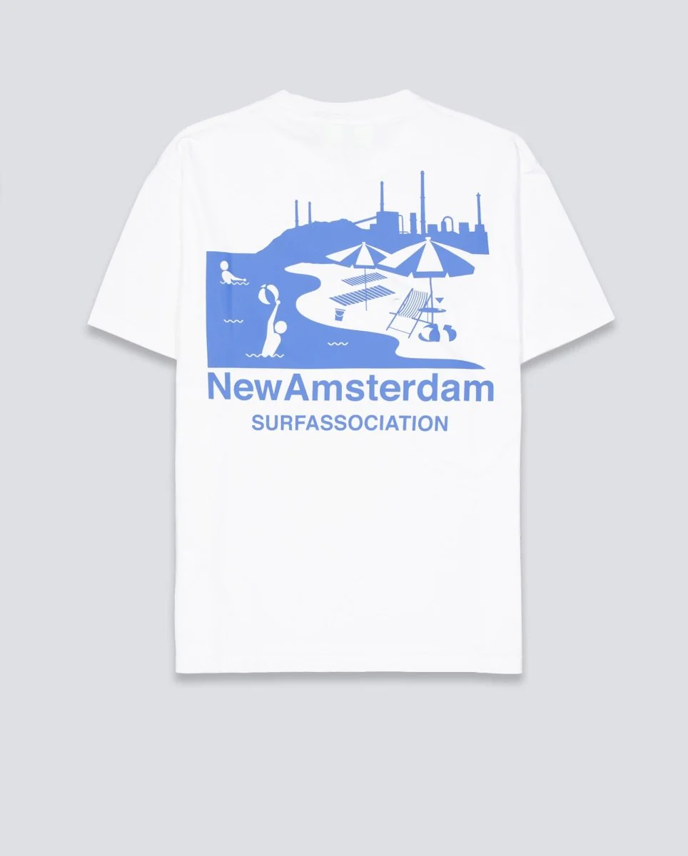 Camiseta New Amsterdam Beach Sign Tee Blanco y Azul Unisex - Image 3