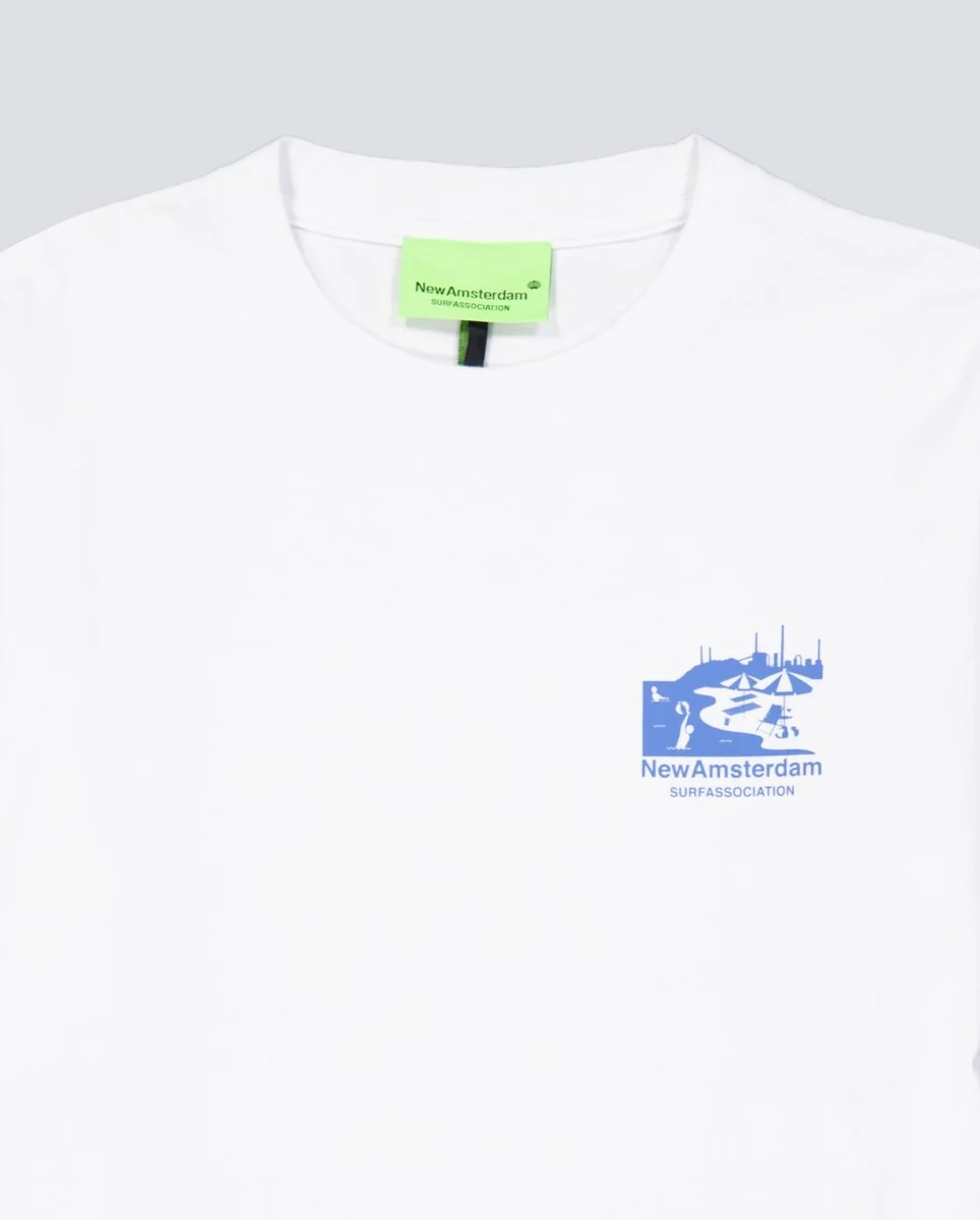 Camiseta New Amsterdam Beach Sign Tee Blanco y Azul Unisex - Image 5